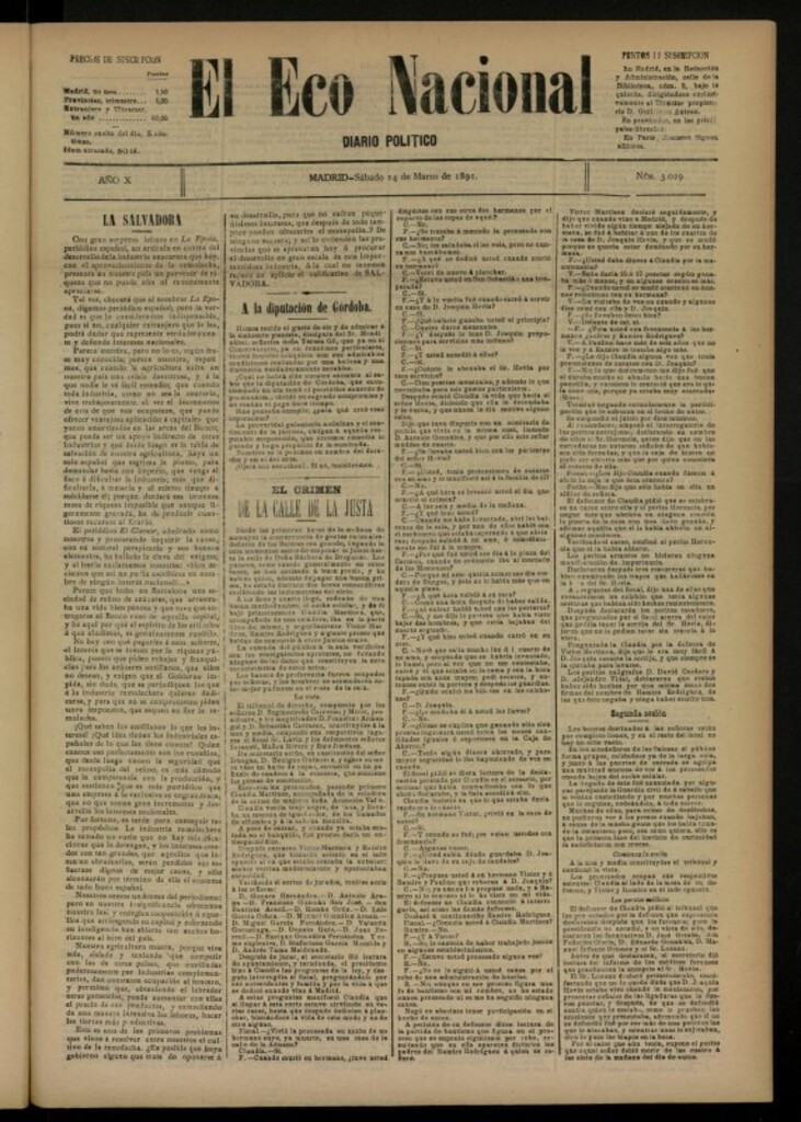 Miniatura de El Eco Nacional de 14 de marzo de 1891, nº 3029