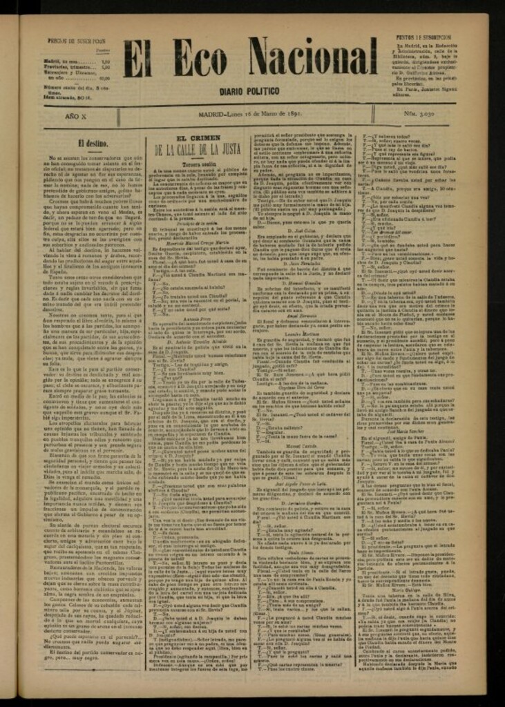 Miniatura de El Eco Nacional de 16 de marzo de 1891, nº 3030