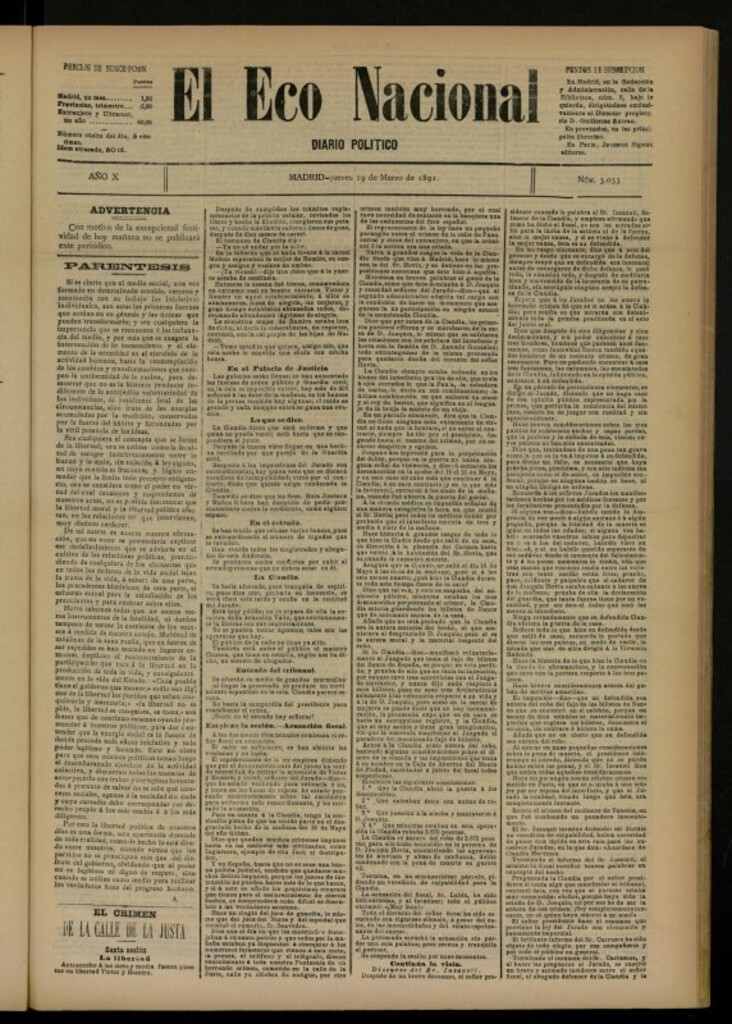 Miniatura de El Eco Nacional de 19 de marzo de 1891, nº 3033