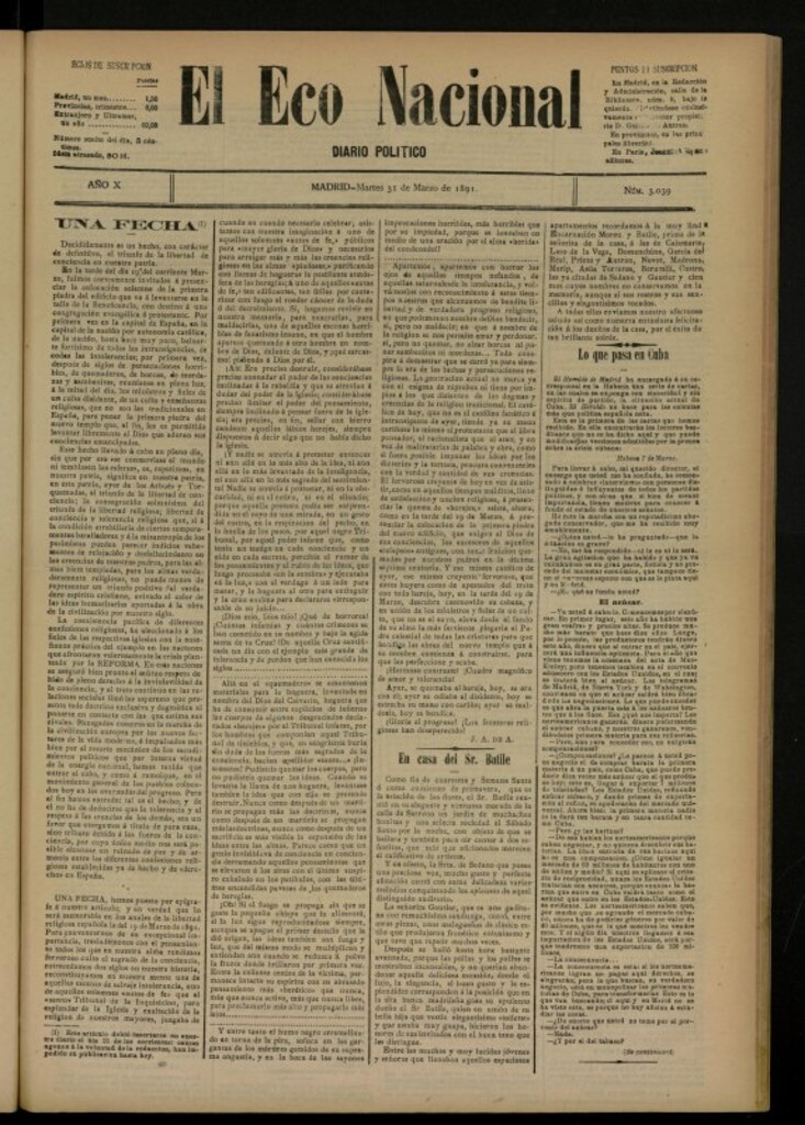 Miniatura de El Eco Nacional de 31 de marzo de 1891, nº 3039