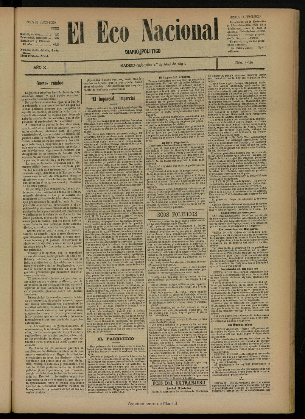 Miniatura de El Eco Nacional de 1 de abril de 1891, nº 3039 [sic]