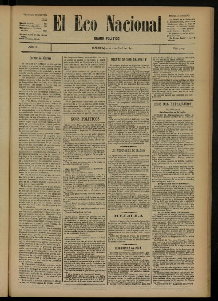 Miniatura de El Eco Nacional de 2 de abril de 1891, nº 3041