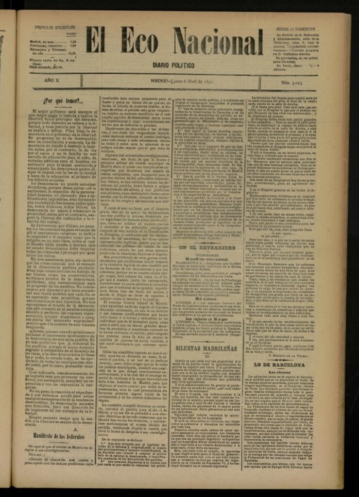Miniatura de El Eco Nacional de 6 de abril de 1891, nº 3043