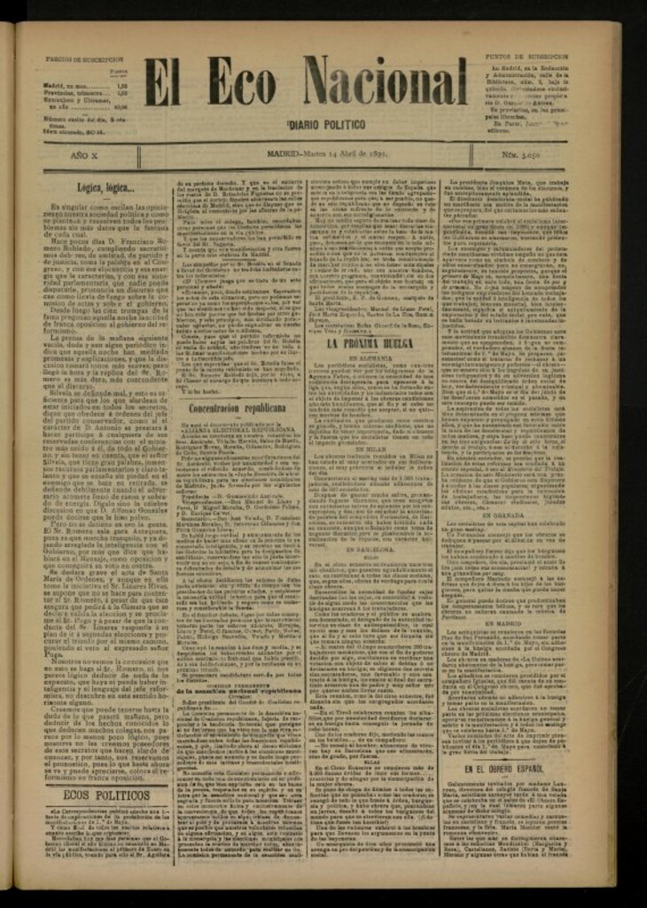 Miniatura de El Eco Nacional de 14 de abril de 1891, nº 3050