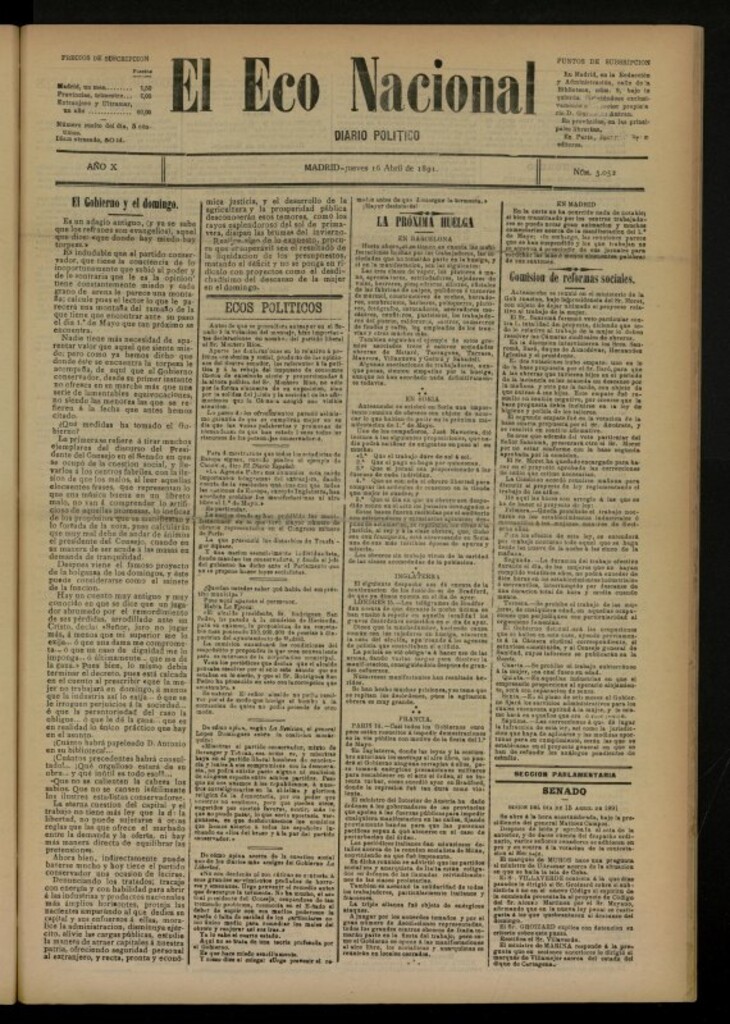 Miniatura de El Eco Nacional de 16 de abril de 1891, nº 3052