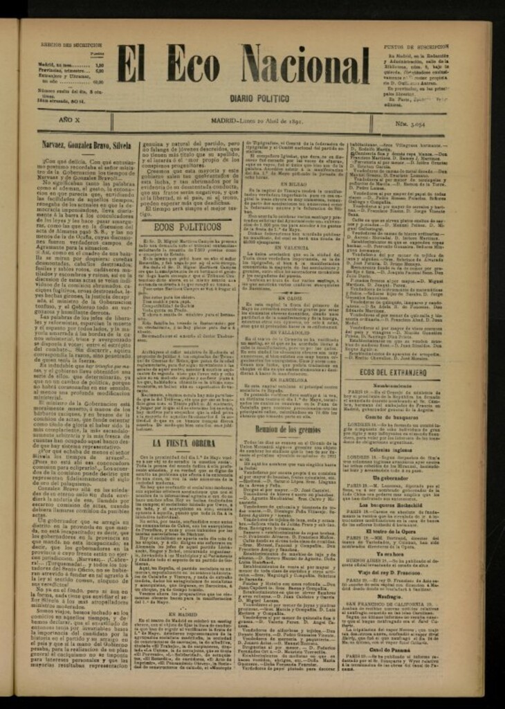 Miniatura de El Eco Nacional de 20 de abril de 1891, nº 3054