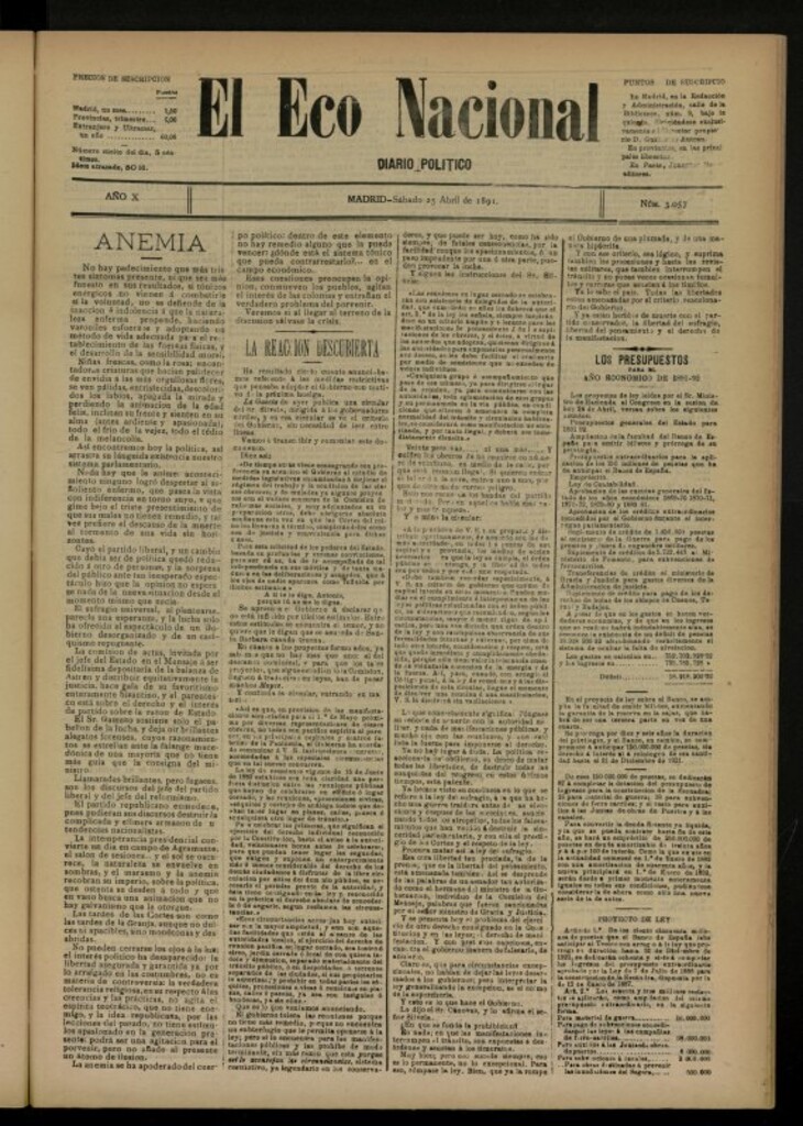 Miniatura de El Eco Nacional de 25 de abril de 1891, nº 3057 [sic]