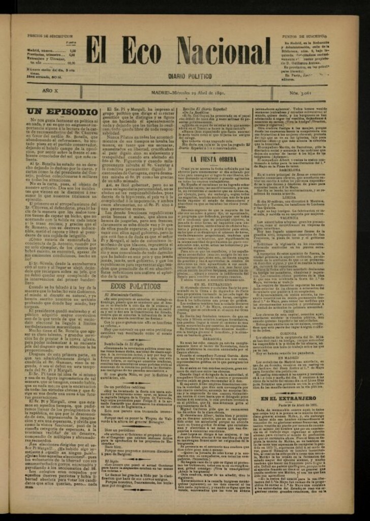 Miniatura de El Eco Nacional de 29 de abril de 1891, nº 3061