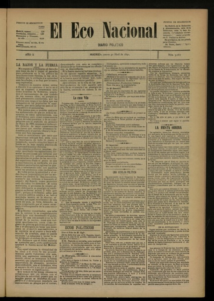 Miniatura de El Eco Nacional de 30 de abril de 1891, nº 3062
