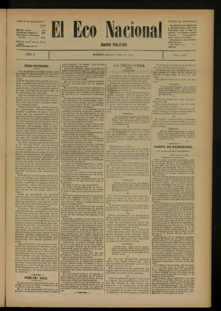 Miniatura de El Eco Nacional de 2 de mayo de 1891, nº 3063