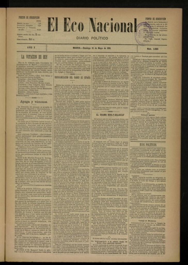 Miniatura de El Eco Nacional de 10 de mayo de 1891, nº 3063 [sic]
