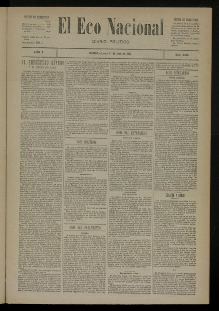 Miniatura de El Eco Nacional de 1 de junio de 1891, nº 3066