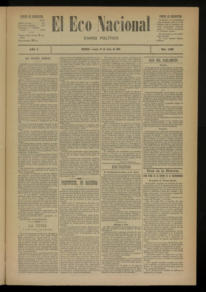 Miniatura de El Eco Nacional de 15 de junio de 1891, nº 3068
