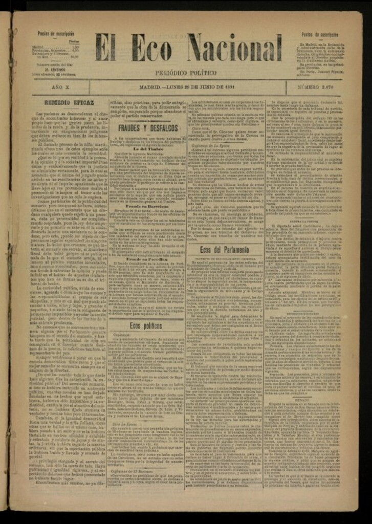Miniatura de El Eco Nacional de 29 de junio de 1891, nº 3070