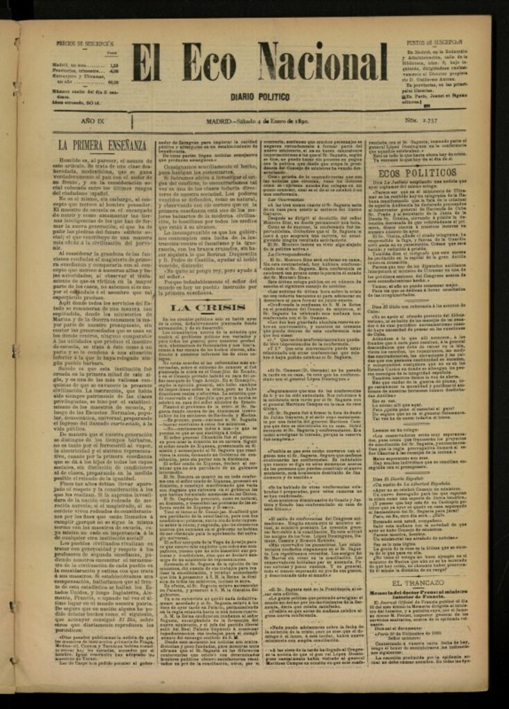 Miniatura de El Eco Nacional de 4 de enero de 1890, nº 2757