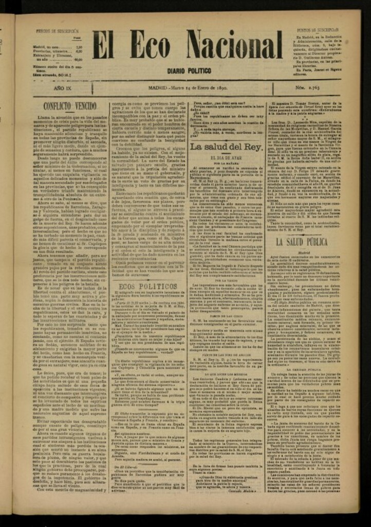 Miniatura de El Eco Nacional de 14 de enero de 1890, nº 2763