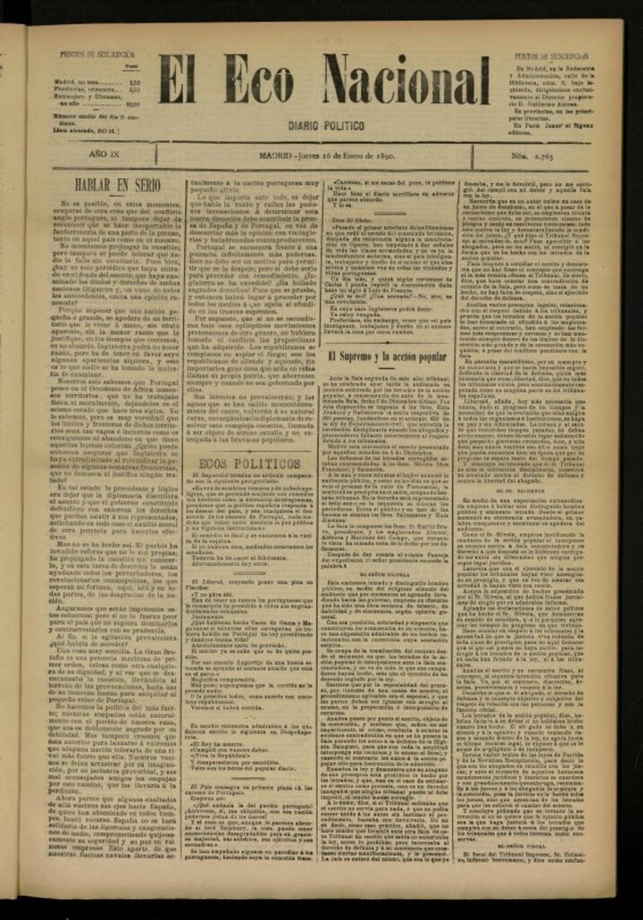 Miniatura de El Eco Nacional de 16 de enero de 1890, nº 2765