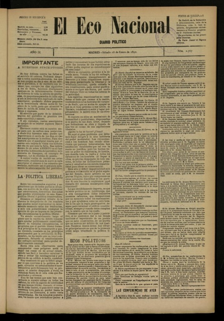 Miniatura de El Eco Nacional de 18 de enero de 1890, nº 2767