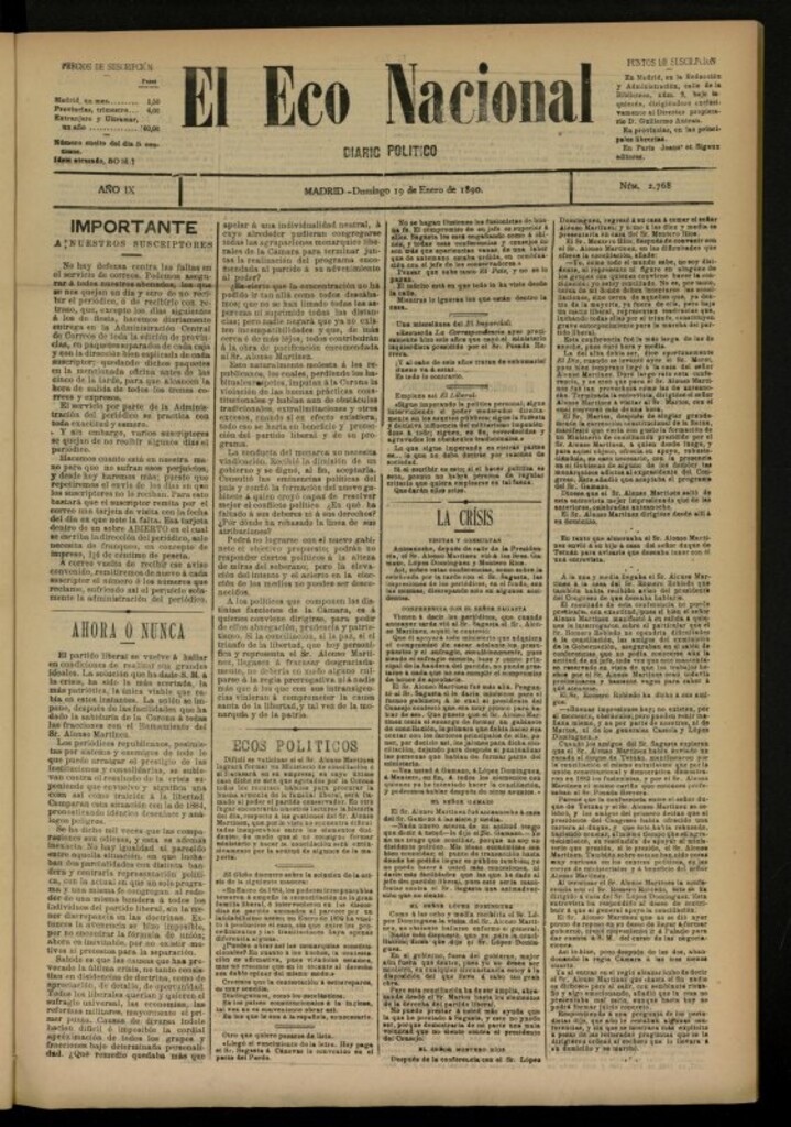 Miniatura de El Eco Nacional de 19 de enero de 1890, nº 2768