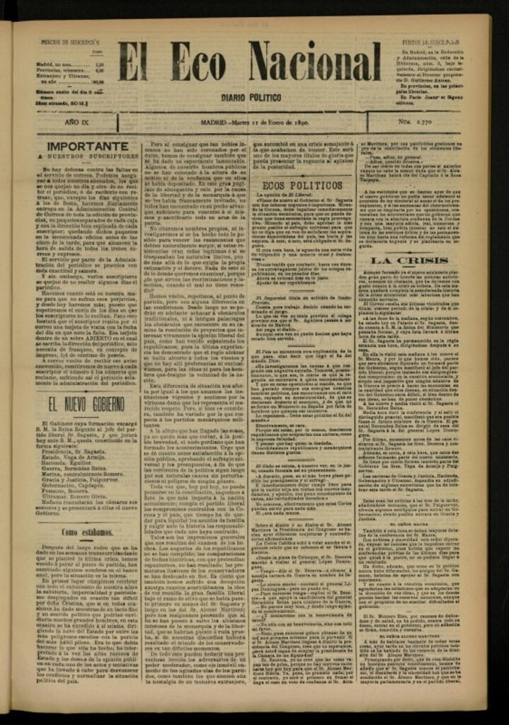 Miniatura de El Eco Nacional de 21 de enero de 1890, nº 2770