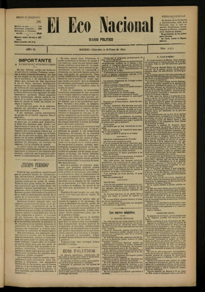 Miniatura de El Eco Nacional de 22 de enero de 1890, nº 2771