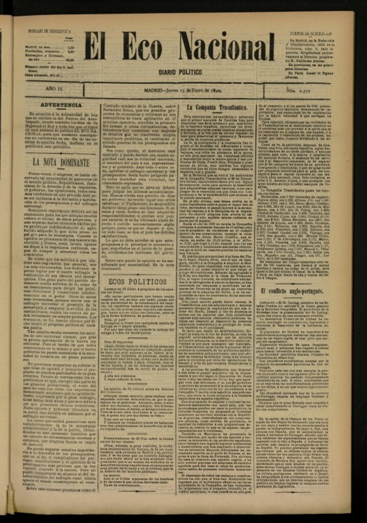 Miniatura de El Eco Nacional de 23 de enero de 1890, nº 2772