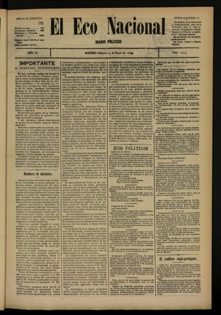 Miniatura de El Eco Nacional de 25 de enero de 1890, nº 2773