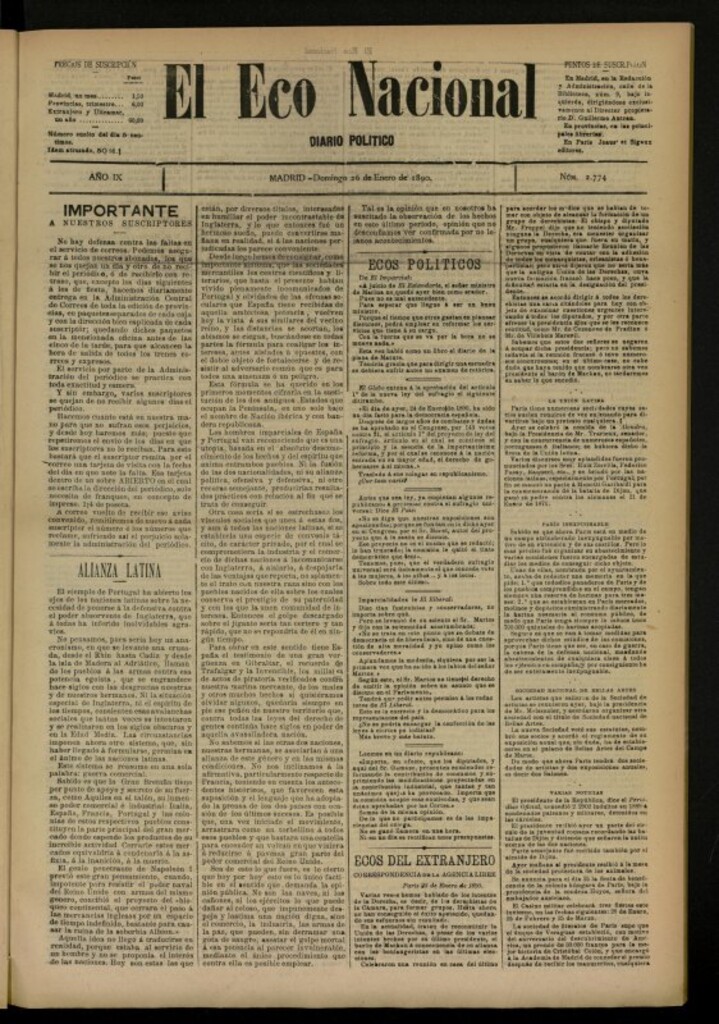 Miniatura de El Eco Nacional de 26 de enero de 1890, nº 2774