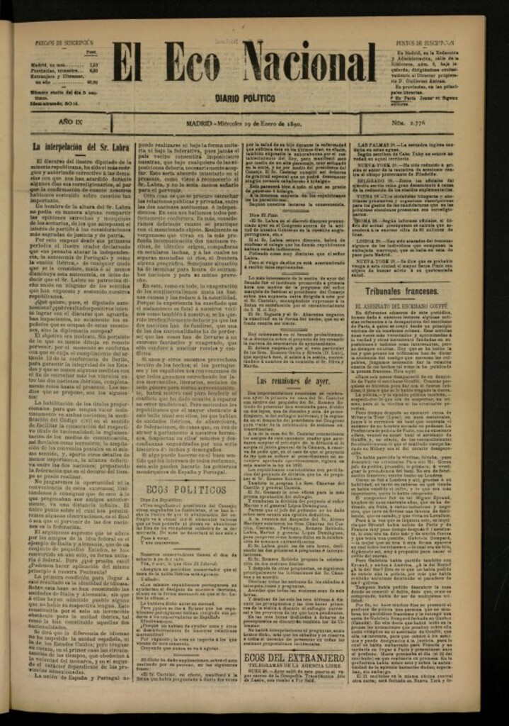 Miniatura de El Eco Nacional de 29 de enero de 1890, nº 2776