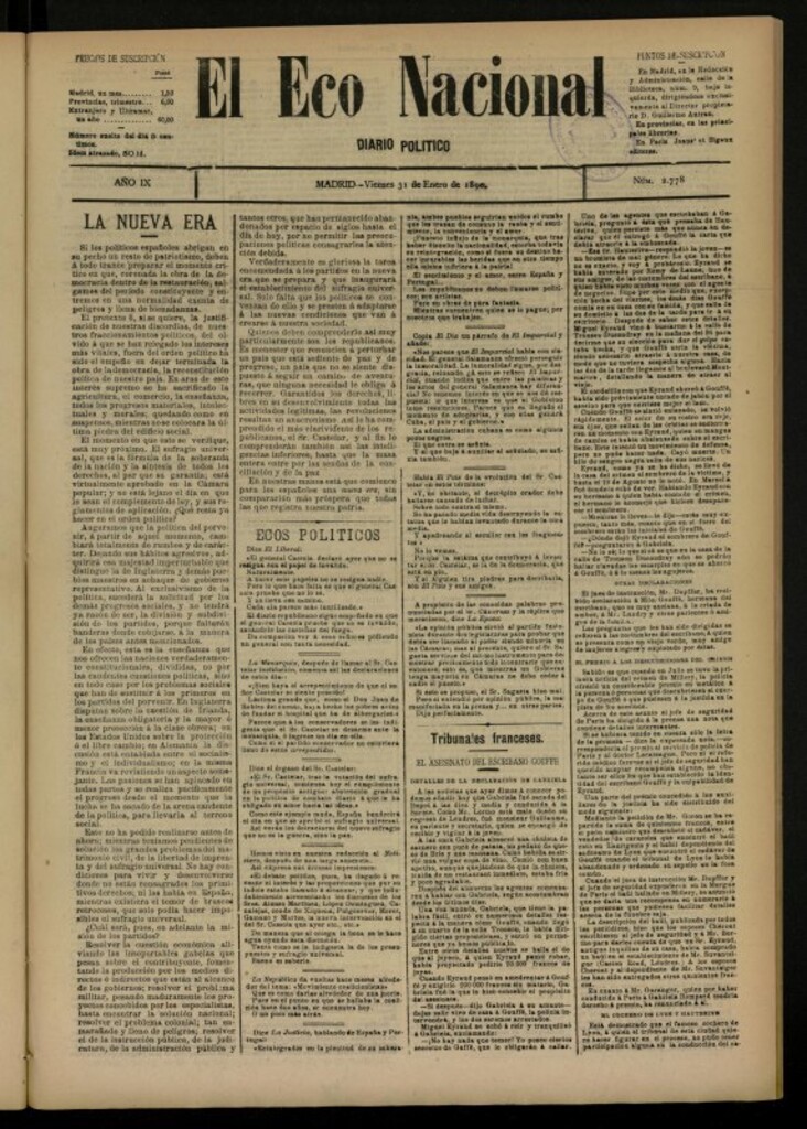Miniatura de El Eco Nacional de 31 de enero de 1890, nº 2778