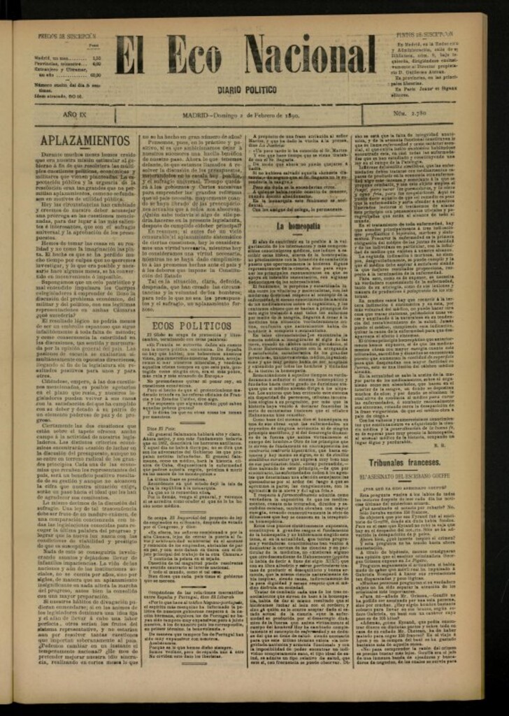 Miniatura de El Eco Nacional de 2 de febrero de 1890, nº 2780