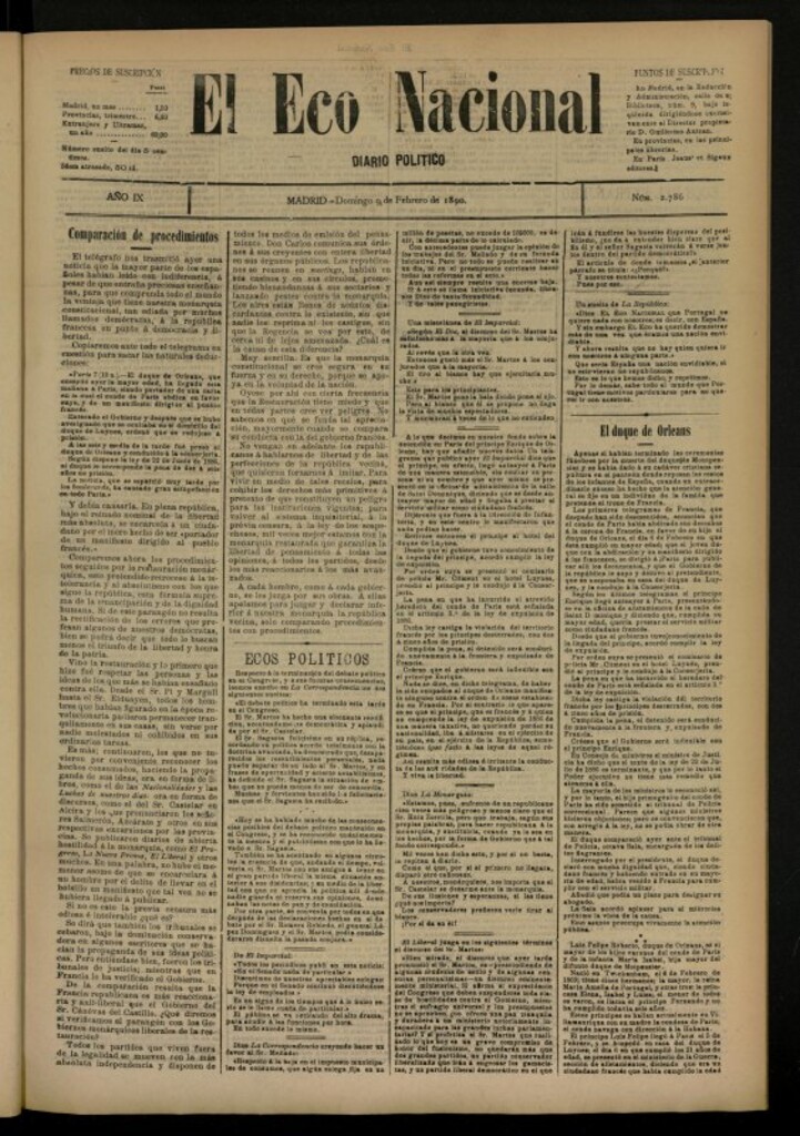 Miniatura de El Eco Nacional de 9 de febrero de 1890, nº 2786