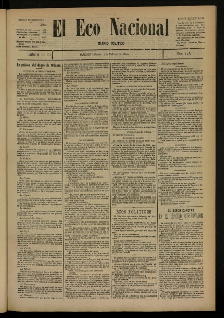 Miniatura de El Eco Nacional de 11 de febrero de 1890, nº 2787