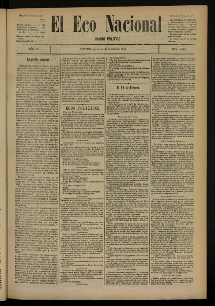 Miniatura de El Eco Nacional de 13 de febrero de 1890, nº 2789