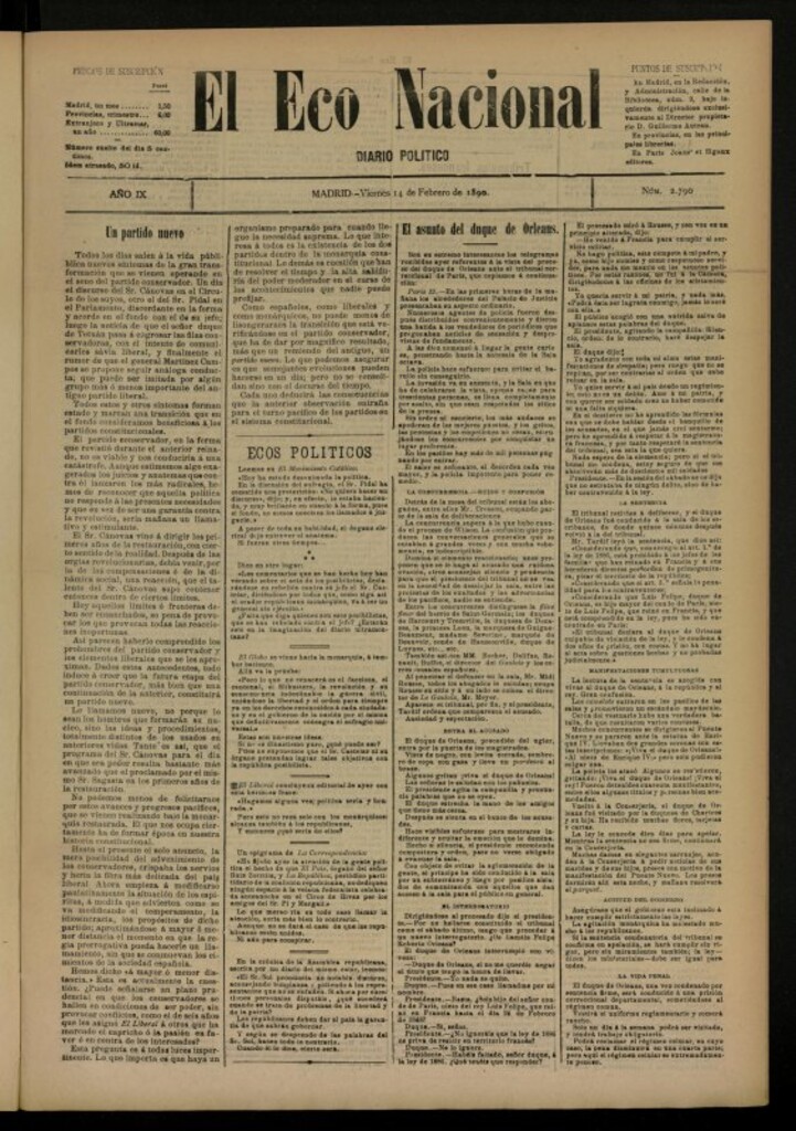 Miniatura de El Eco Nacional de 14 de febrero de 1890, nº 2790