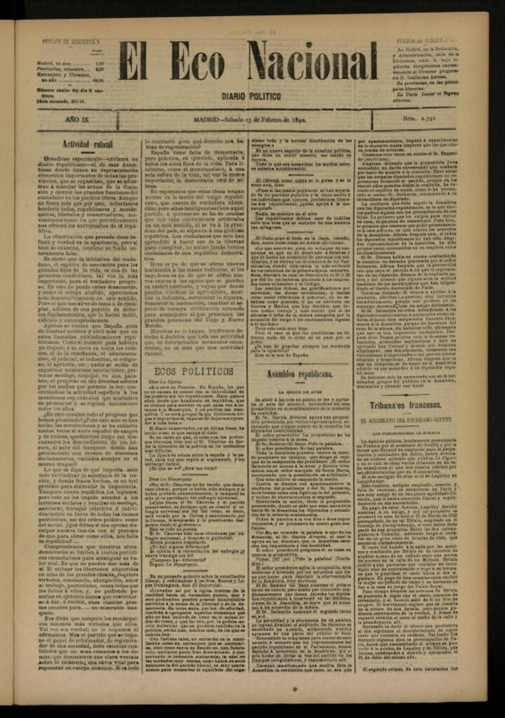 Miniatura de El Eco Nacional de 15 de febrero de 1890, nº 2791