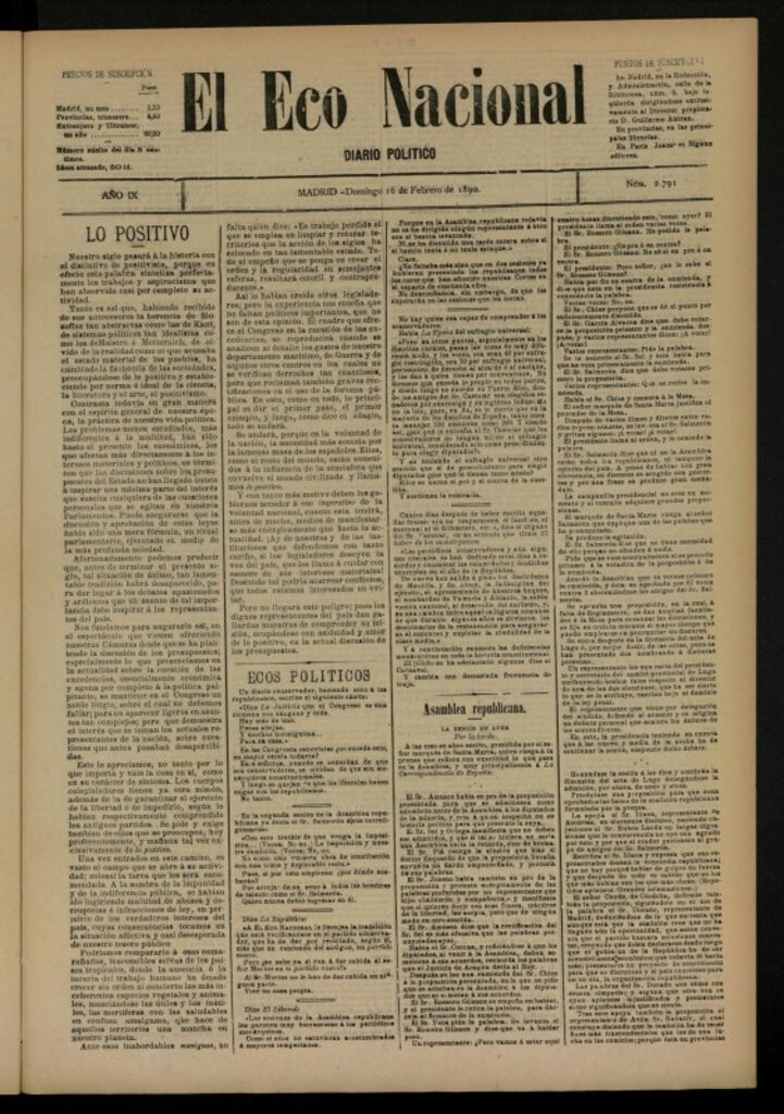 Miniatura de El Eco Nacional de 16 de febrero de 1890, nº 2792