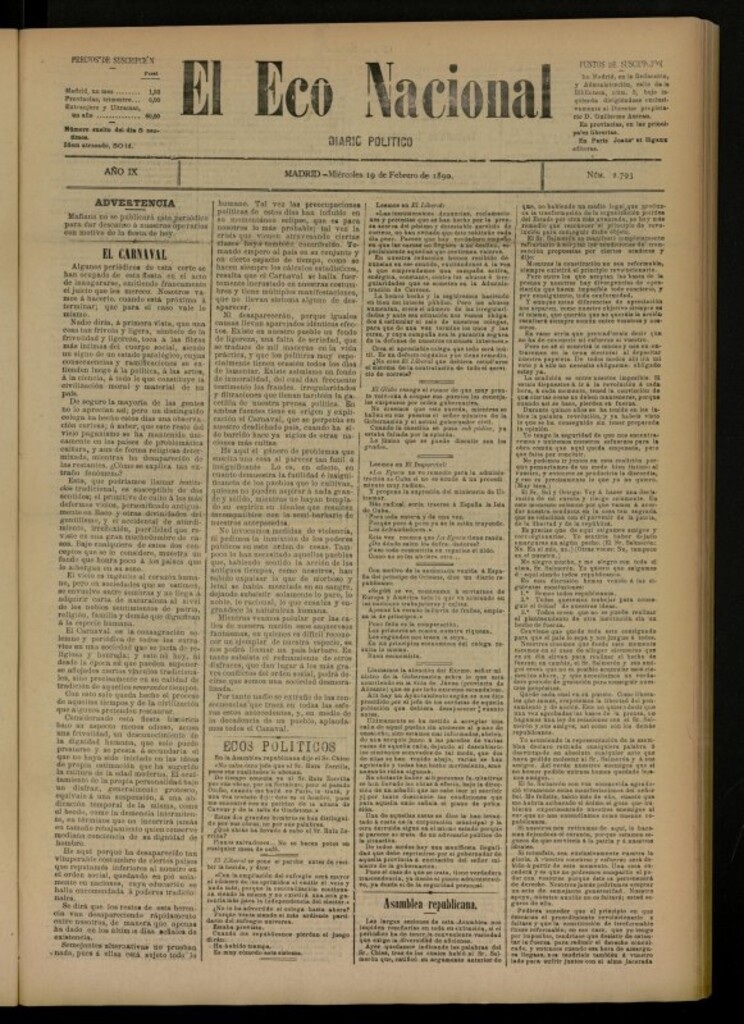 Miniatura de El Eco Nacional de 19 de febrero de 1890, nº 2793