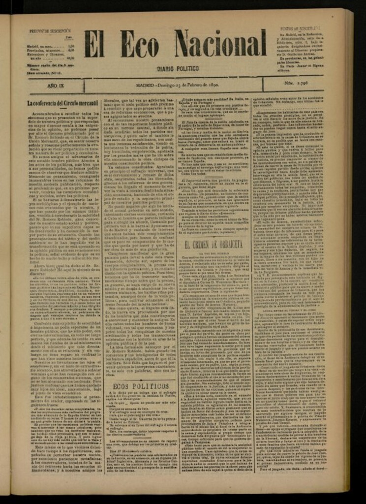Miniatura de El Eco Nacional de 23 de febrero de 1890, nº 2796