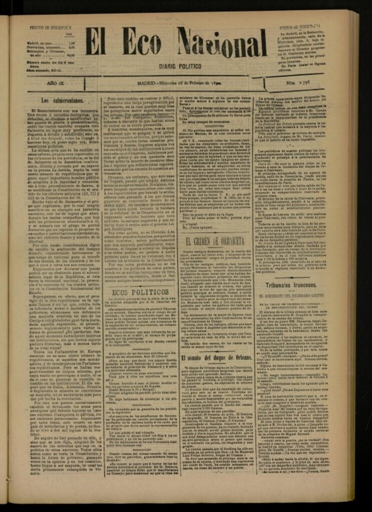 Miniatura de El Eco Nacional de 26 de febrero de 1890, nº 2798