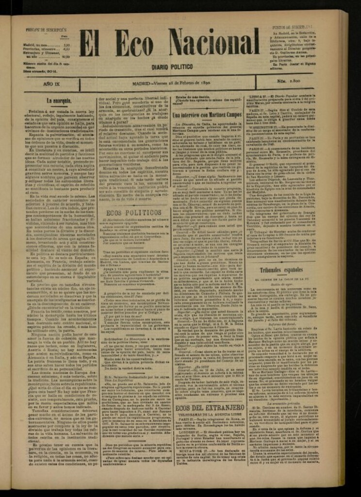 Miniatura de El Eco Nacional de 28 de febrero de 1890, nº 2800