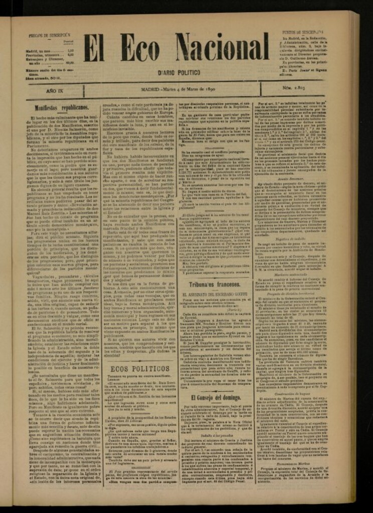 Miniatura de El Eco Nacional de 4 de marzo de 1890, nº 2803