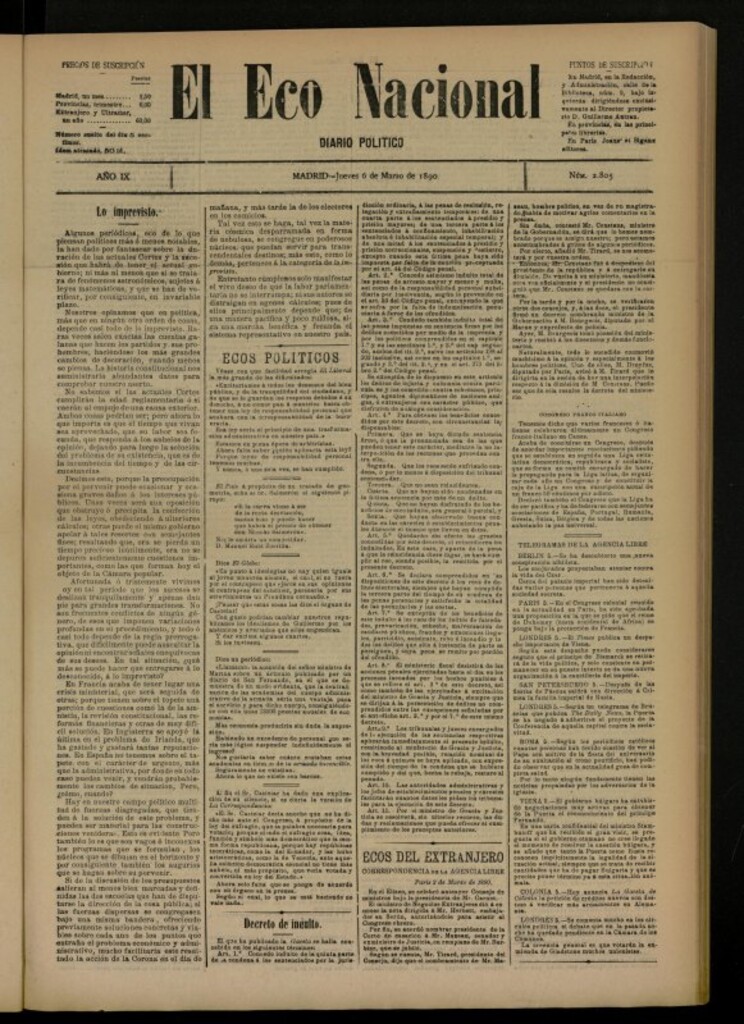 Miniatura de El Eco Nacional de 6 de marzo de 1890, nº 2805
