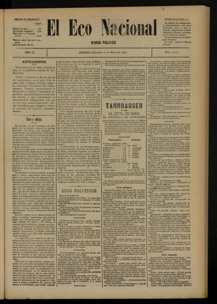 Miniatura de El Eco Nacional de 19 de marzo de 1890, nº 2816
