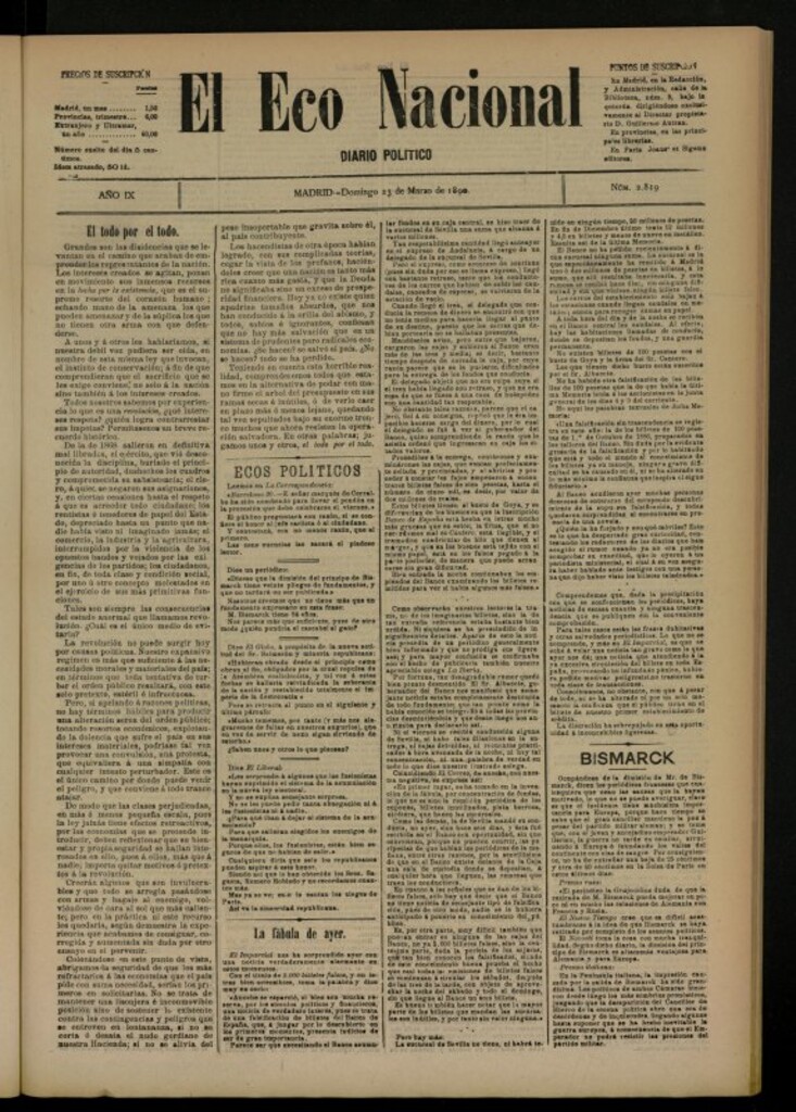 Miniatura de El Eco Nacional de 23 de marzo de 1890, nº 2819