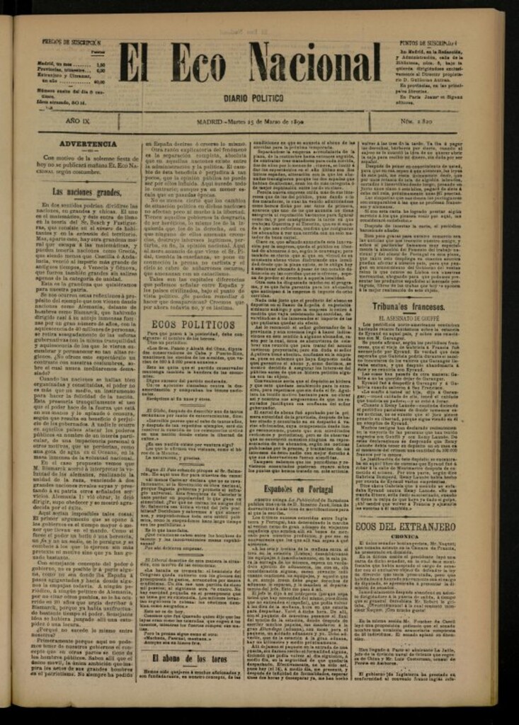 Miniatura de El Eco Nacional de 25 de marzo de 1890, nº 2820