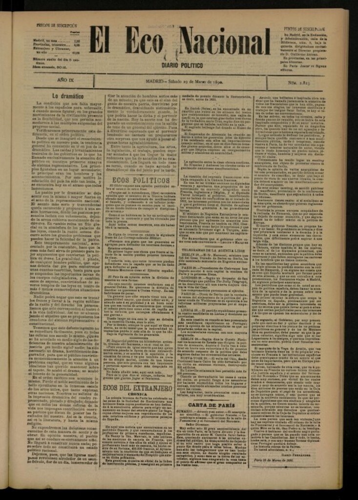 Miniatura de El Eco Nacional de 29 de marzo de 1890, nº 2823