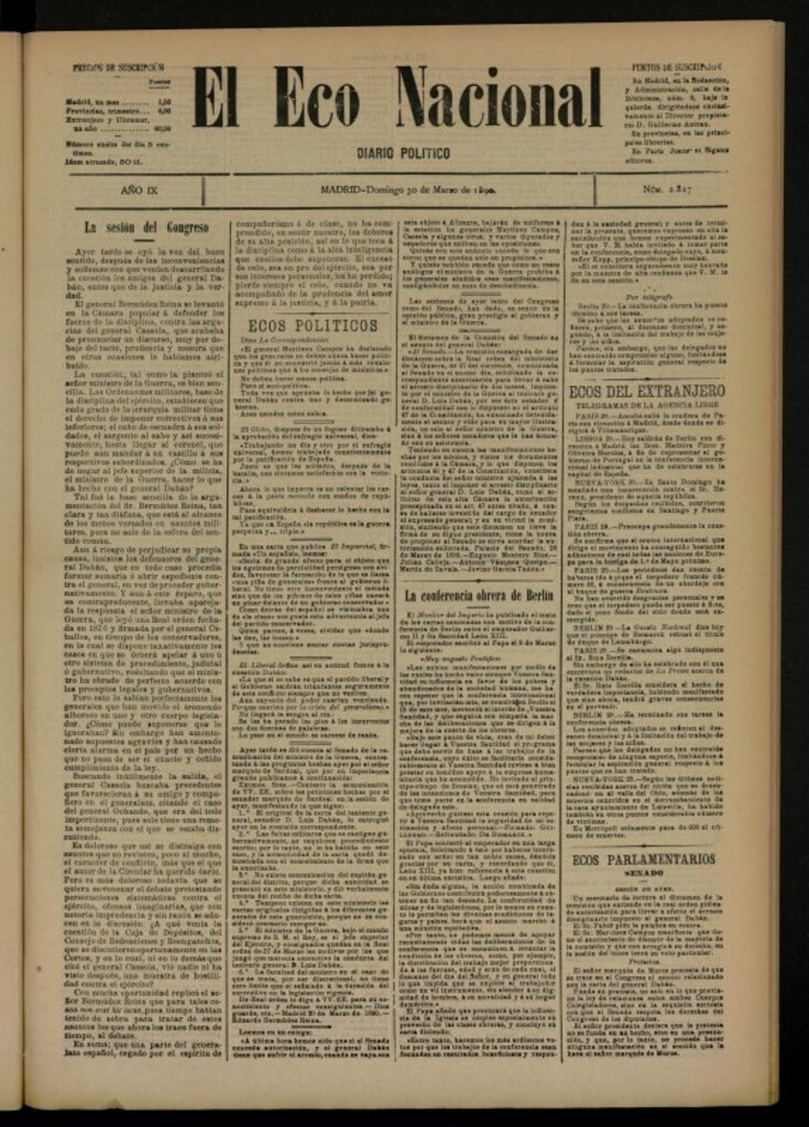 Miniatura de El Eco Nacional de 30 de marzo de 1890, nº 2827 [sic]