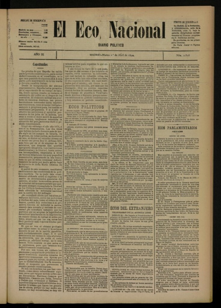 Miniatura de El Eco Nacional de 1 de abril de 1890, nº 2828
