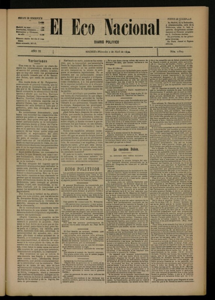 Miniatura de El Eco Nacional de 2 de abril de 1890, nº 2829